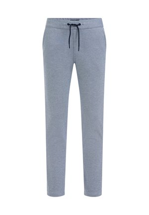 Pantalon de jogging slim bleu clair avec taille élastique et cordon noir, avec poches latérales et texture de tissu douce.