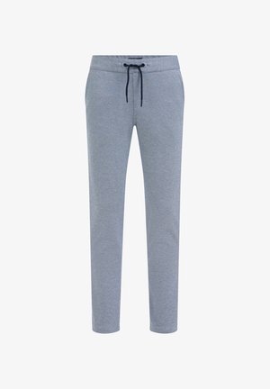 Lyseblå slim-fit joggingbukser med elastisk talje og sort snor, med sidelommer og blød stoftekstur.