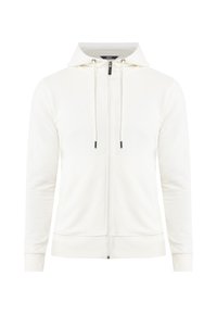 Vit zip-up hoodie med känguruficka, justerbar dragsko på huvan och ribbade muddar. Tillverkad av mjukt, andningsbart tyg med en slät textur.