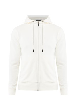 Sudadera blanca con cremallera, con un bolsillo canguro, capucha ajustable con cordón y puños acanalados. Fabricada con un tejido suave y transpirable de textura lisa.