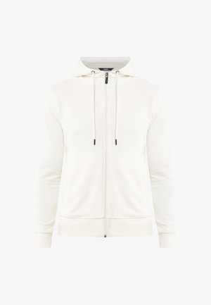 Witte zip-up hoodie met een kangoeroezak, verstelbare trekkoordcapuchon en geribbelde manchetten. Gemaakt van zachte, ademende stof met een soepele textuur.