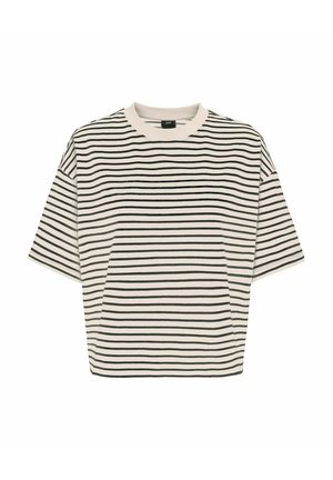 T-shirt blanc à manches courtes avec des rayures horizontales noires et un col rond, présenté sur un fond blanc.