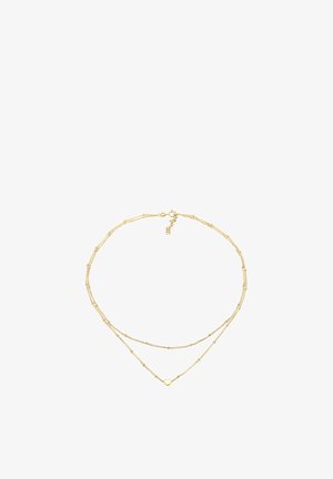 Kuldtooni kihiline kaelakee, mis sisaldab kahte kihti erinevate helmemoodustiste ja suurustega, tekstuuritud linke ning südame motiivi alumisel ahelal.