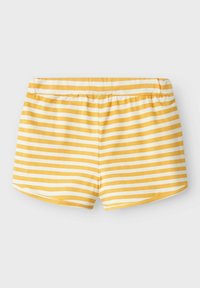 Yellow and white striped shorts made of soft fabric, featuring an elastic waistband and a relaxed fit, with rounded hem edges.