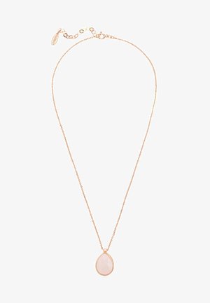 Rózsaarany nyaklánc vékony lánccal és egy nagy, csepp alakú, világos rózsaszín medállal. Sima textúra, minimalista dizájn.