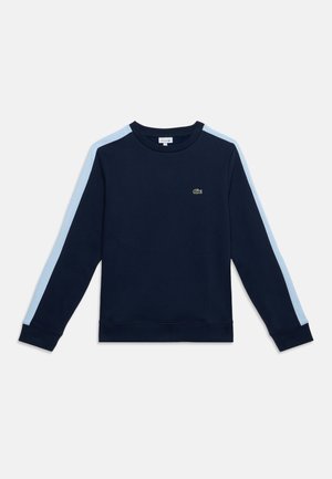 Marineblauwe long-sleeve sweater met lichtblauwe strepen op de mouwen en een klein groen krokodillenlogo op de borst.