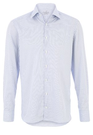 Koszula męska z długim rękawem, w biało-niebieską kratę, zapinana na guziki z przodu.