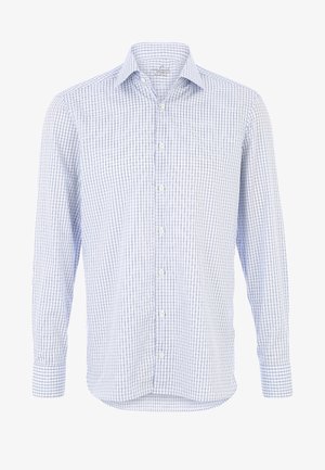 Camicia da uomo a maniche lunghe con motivo a quadretti bianco e azzurro chiaro e chiusura frontale con bottoni.