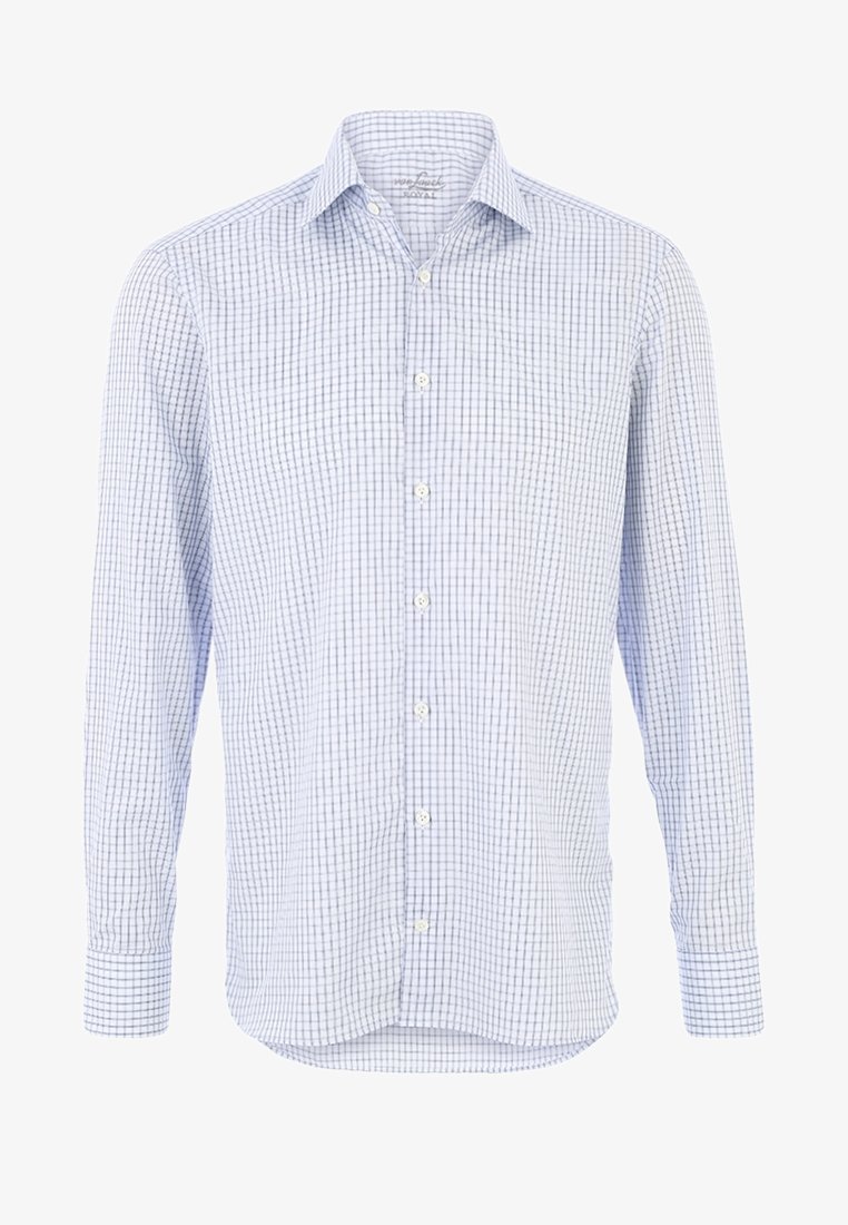Chemise habillée à manches longues pour hommes avec un motif à carreaux blanc et bleu clair et une patte de boutonnage devant.