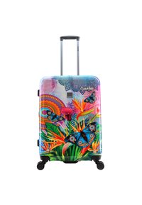 Hard-shell suitcase with a vibrant tropical design, featuring blue butterflies, orange flowers, and intricate patterns. Telescopic handle and spinner wheels.