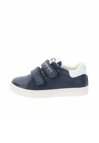 Scarpe sintetiche blu navy con due cinturini in velcro, accenti bianchi, dettagli laterali perforati e suola in gomma texturizzata.