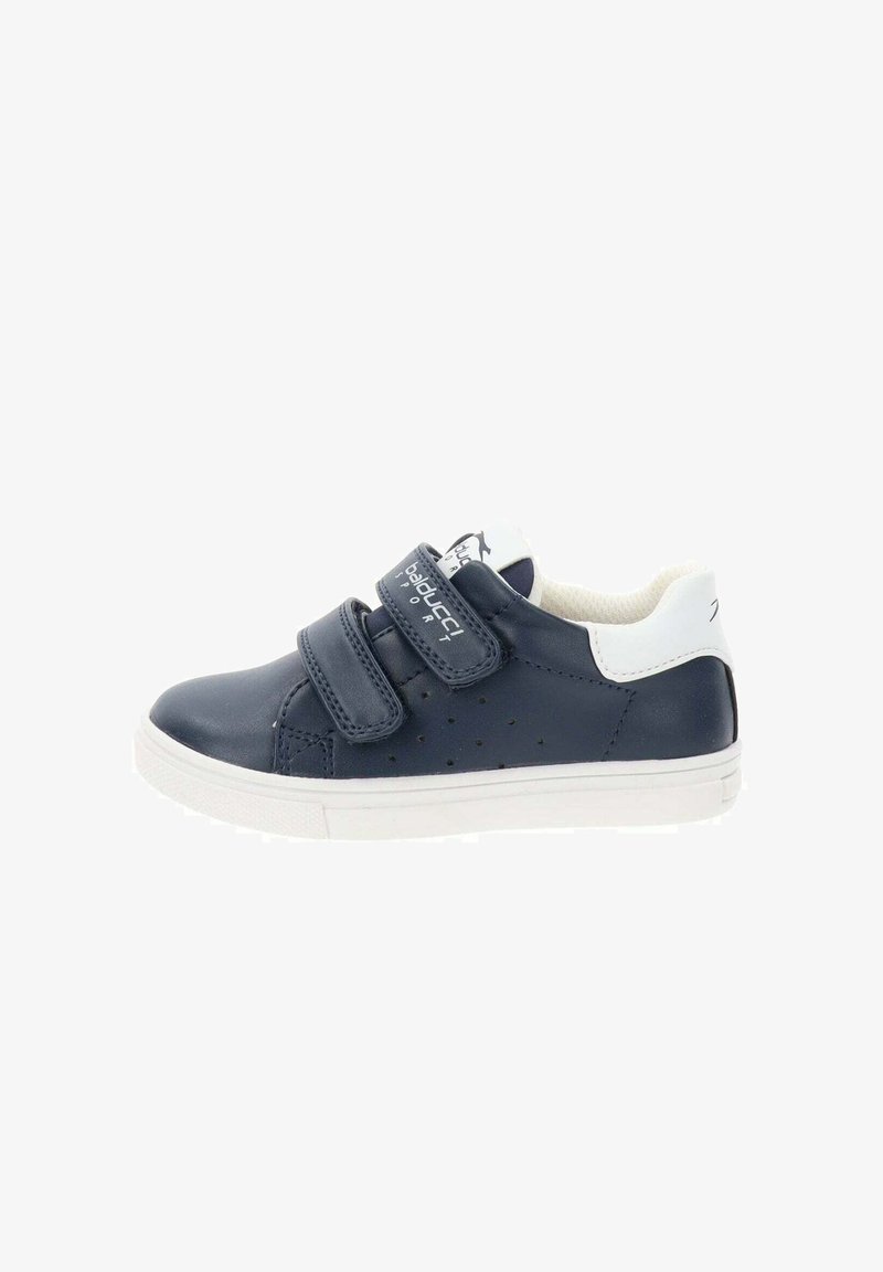 Scarpe sintetiche blu navy con due cinturini in velcro, accenti bianchi, dettagli laterali perforati e suola in gomma texturizzata.