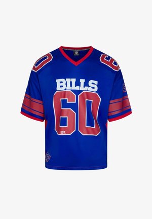 Blaues Bills Fußballtrikot mit der roten und weißen Nummer 60 auf der Vorderseite und den Schultern, roten Streifen an den Ärmeln und V-Ausschnitt.