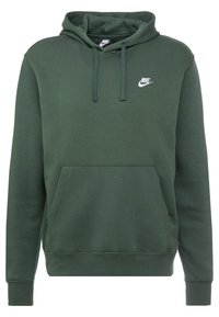 Grön bomullshoodie med känguruficka, justerbar dragkedja på huvan och en vit Nike-logga på bröstet. Slät textur och design för att dra över.