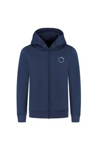 Marineblauwe rits-hoodie van zachte katoenstof met een trekkoordcapuchon, ribgebreide manchetten en een cirkelvormig logo op de borst.