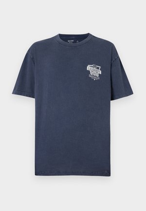 Dark blue cotton t-shirt with a round neckline and short sleeves. Features a graphic print reading "Lil Sandy Barbecue" in white.