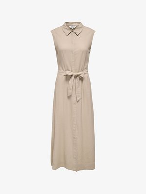Ujjatlan bézs midi ruha hegyes gallérral, elején gombos, és a deréknál megkötött anyagövvel.