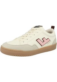 White sneaker with suede accents and a rubber sole. Features a pink and brown logo on the side and lace-up design.