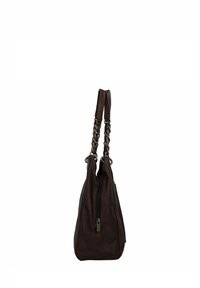 Borsa in pelle marrone con una finitura testurizzata, dotata di chiusura con zip e doppio manico a catena. La forma è angolare con una base piatta.