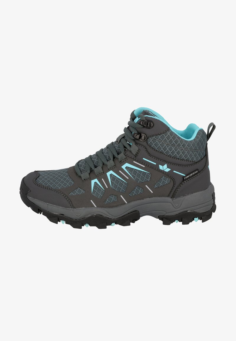 Hiking-Schuhe mit mittlerem Schnitt, grauem synthetischem Obermaterial, hellblauen Akzenten, strukturiertem Mesh und einer robusten schwarzen Sohle mit Profilstollen.