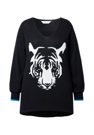 Maglione nero con una grafica di un volto di tigre bianco. Presenta un collo a V, maniche lunghe e dettagli in turchese a contrasto nei polsini.