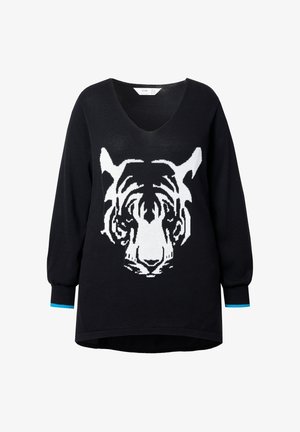 Black sweater with a white tiger face graphic. Features a V-neck, long sleeves, and contrasting turquoise accents at the cuffs.