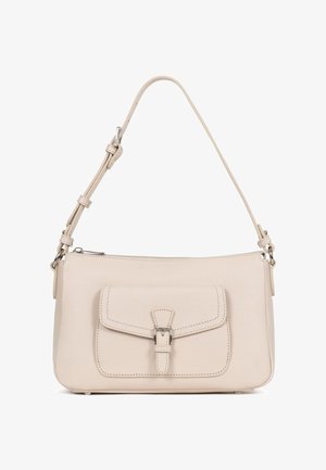 Beige leather shoulder bag with adjustable strap, top zipper closure, and front pocket with buckle flap.