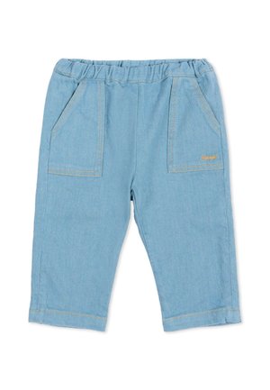Pantaloni azzurri chiari per bambini piccoli con vita elastica, tasche applicate anteriori e cuciture gialle a contrasto su sfondo bianco.