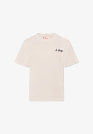T-shirt beige a maniche corte in cotone, con scollatura rotonda e logo ricamato nero "St. Barth" sul lato sinistro del petto.