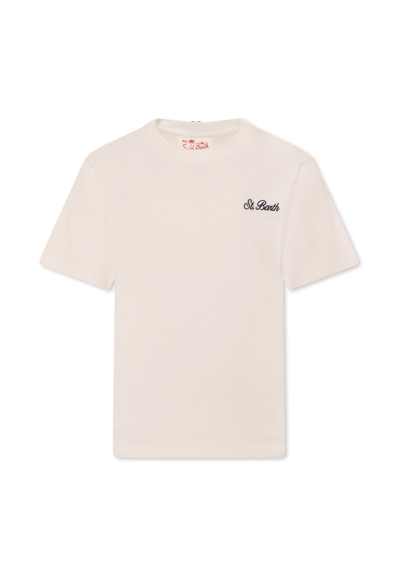 T-shirt beige a maniche corte in cotone, con scollatura rotonda e logo ricamato nero "St. Barth" sul lato sinistro del petto.
