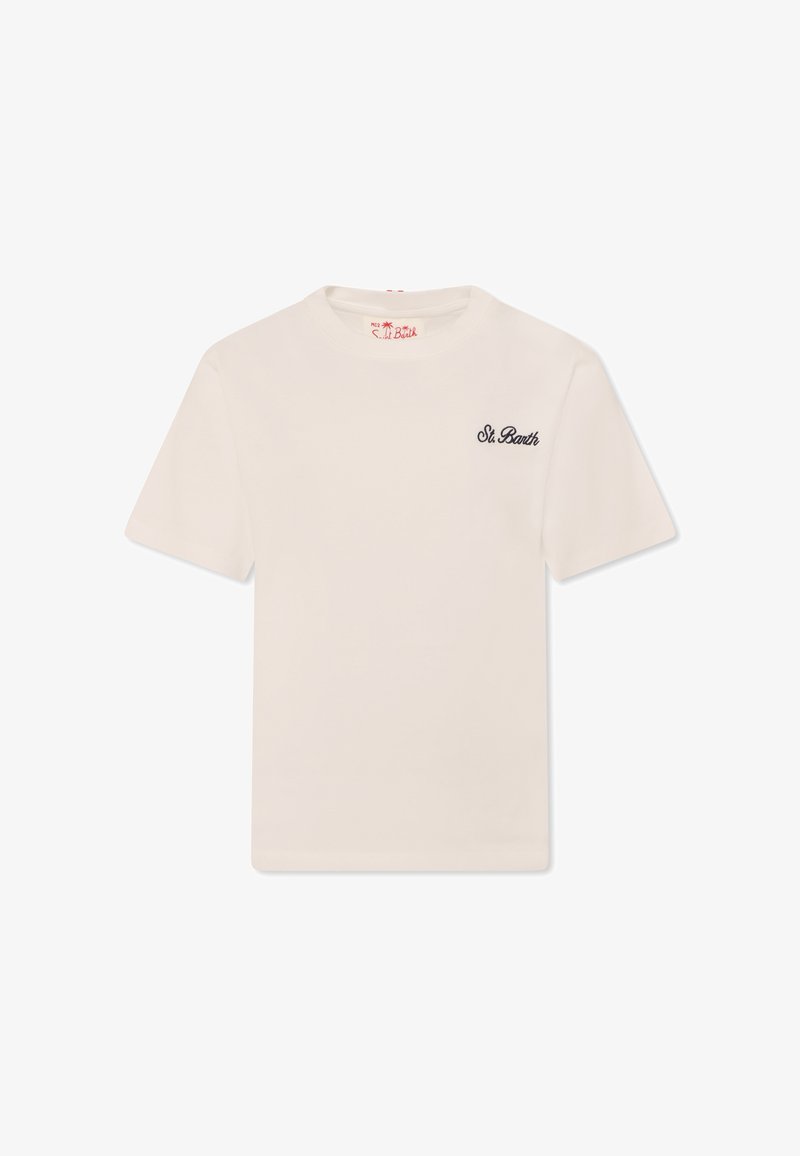 T-shirt crème à manches courtes en coton, avec un col rond et un logo brodé "St. Barth" en noir sur la poitrine gauche.
