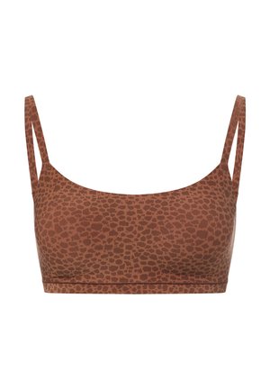 Brown bralette featuring a leopard print pattern, made of soft fabric with adjustable straps and a smooth, seamless design.
