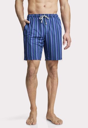 Männlicher Torso und Beine, die blaue, grüne, lila und weiße vertikal gestreifte Badeshorts mit weißem Kordelzug tragen, barfuß stehend.