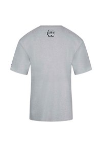 Gray short-sleeved T-shirt made of cotton. Features a crew neck and a graphic logo in black at the back, near the neckline.