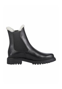 Schwarze Lederknöchelstiefel mit elastischen Seiteneinsätzen, weißem Kunstfellfutter, rutschfester schwarzer Sohle und gestickten Details am Obermaterial.
