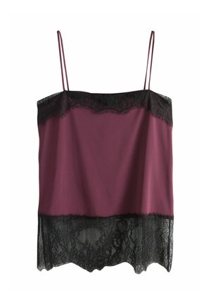 Hihaton violetti satiinitoppi ohuilla olkaimilla, jossa mustaa pitsireunusta yläreunassa ja helmassa.