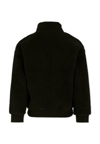 Giacca in polartec nera con colletto alto, maniche lunghe, polsini elasticizzati e vita. Tessuto morbido con un aspetto accogliente.