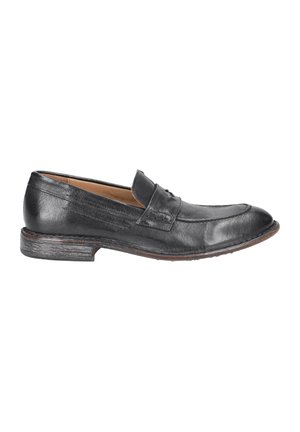 Black leather loafers featuring a rounded toe, textured surface, accent stitching, and a low stacked heel. Inner lining is tan.