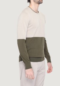 Pullover a maniche lunghe color beige chiaro e verde oliva con collo rotondo, caratterizzato da un design color block e polsini e fondo a costine.