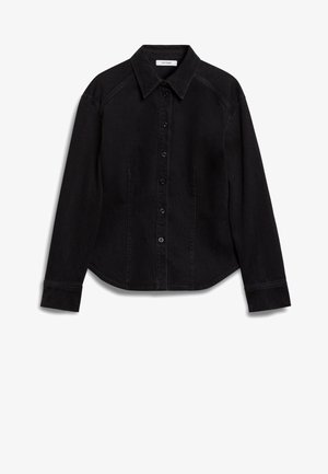 Black denim shirt featuring a pointed collar, button placket, and long sleeves with buttoned cuffs. Side seam pockets are visible.