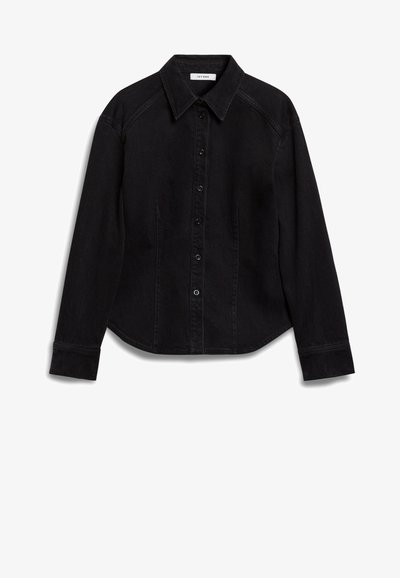 Black denim shirt featuring a pointed collar, button placket, and long sleeves with buttoned cuffs. Side seam pockets are visible.