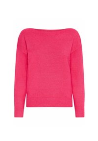 Pull en tricot rose avec un large col, des manches longues et des poignets et ourlet côtelés. Texture douce et coupe décontractée.