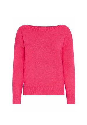 Vaaleanpunainen neulepaita, jossa on leveä kaula-aukko, pitkät hihat ja ribbadut hihansuut sekä helma. Pehmeä rakenne ja rento malli.