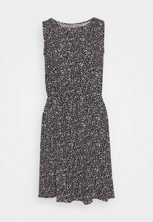 Robes sans manches noires avec un motif de points blancs éparpillés, décolleté rond et une ceinture élastique pour une silhouette ajustée.