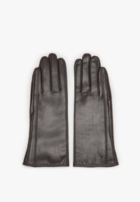 Czarne skórzane rękawice o dopasowanym kroju z widocznymi przeszyciami. Gładka faktura, wydłużony kształt z pięcioma przegródkami na palce.
