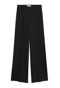 Pantalon large noir avec plis à l'avant et une ceinture ajustée, posé à plat sur un fond blanc.