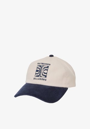 Beżowa i granatowa czapka z zakrzywionym daszkiem, z haftowanym napisem "Saltwashed Billabong" oraz falistym kwadratowym logo na przodzie.