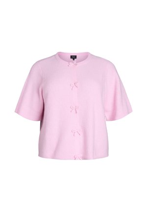 Rosa stickad kortärmad kofta med rund halsringning, med fem små rosettformade knappar framtill och ett texturerat mönster.