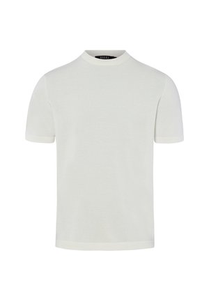 Einfaches weißes T-Shirt mit kurzen Ärmeln, Rundhalsausschnitt, lockerer Passform und einem kleinen schwarzen Etikett innen im Kragen.