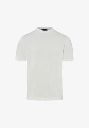 Einfaches weißes T-Shirt mit kurzen Ärmeln, Rundhalsausschnitt, lockerer Passform und einem kleinen schwarzen Etikett innen im Kragen.